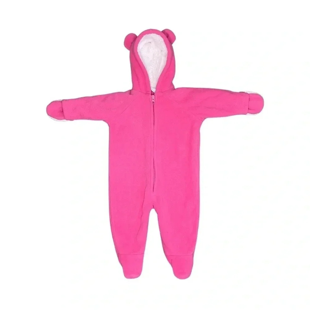 Cozy Pink Fleece Baby Onesie with Ears | Soft Zip-Up Footie Pajama Jumper